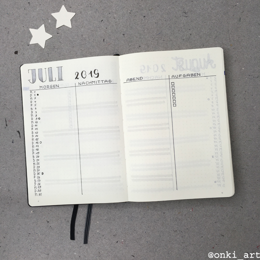 Bullet Journal monthly spread july 2019