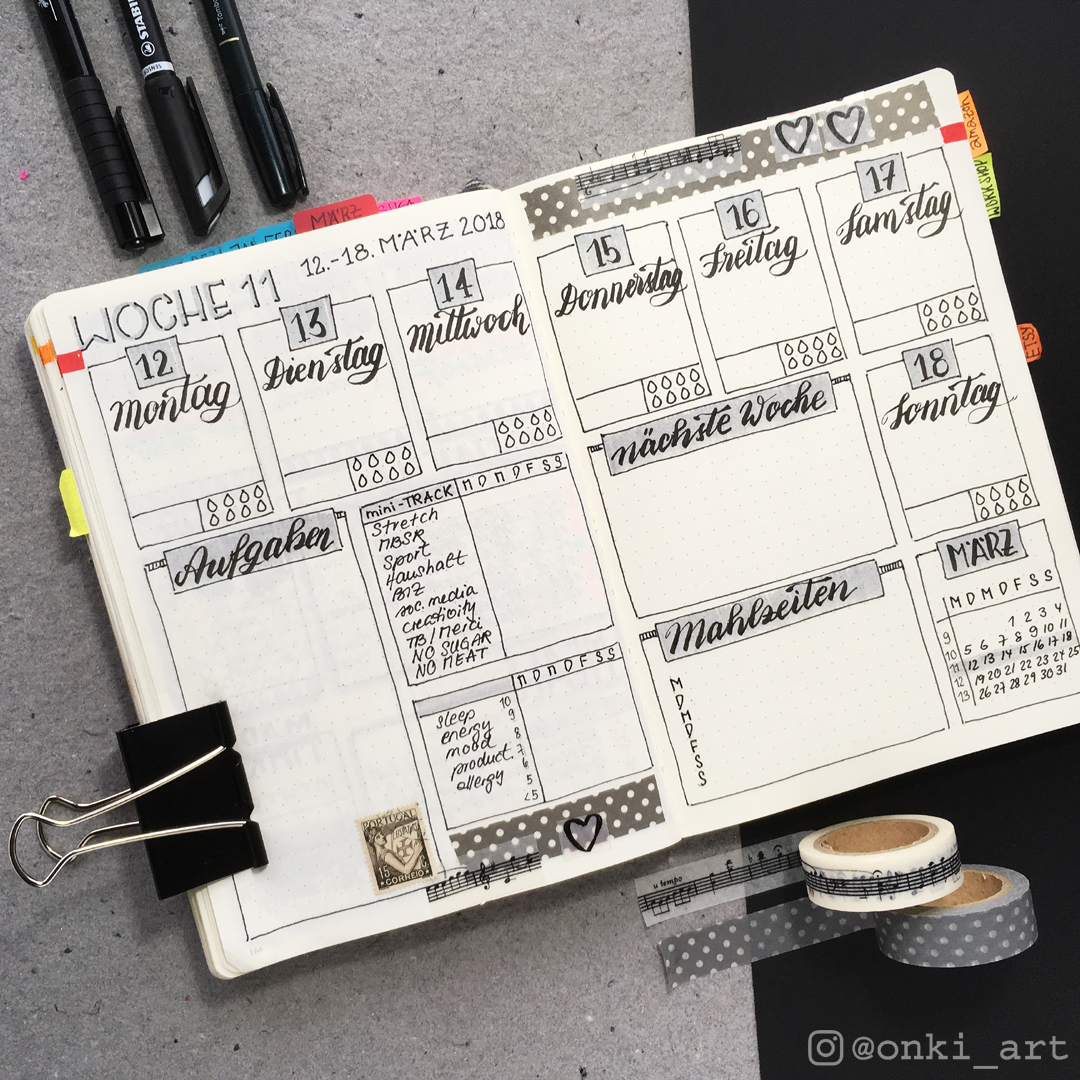 Bullet Journal Wochenübersicht weeklyspread in schwarz/weiss