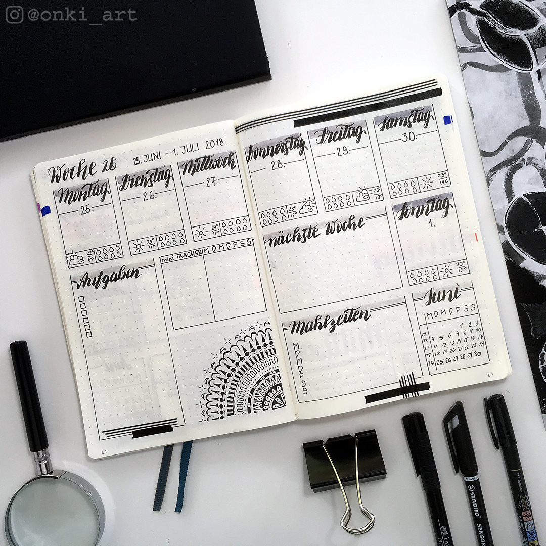 Wochenüersicht Bullet Journal in Schwarz und Weiss