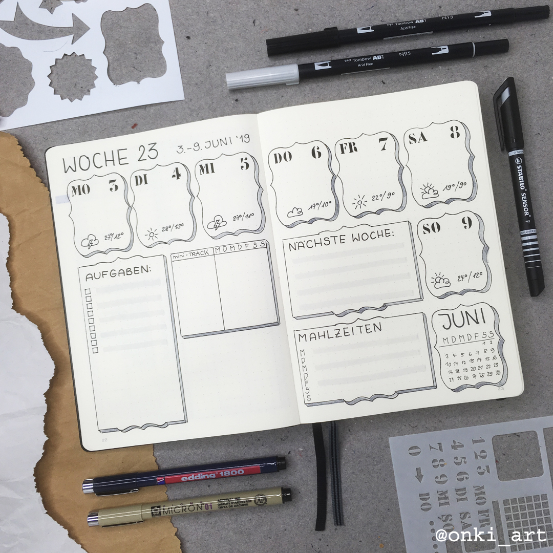 Wochenübersicht Bulletjournal weeklyspread 22 2019schwarzweiss