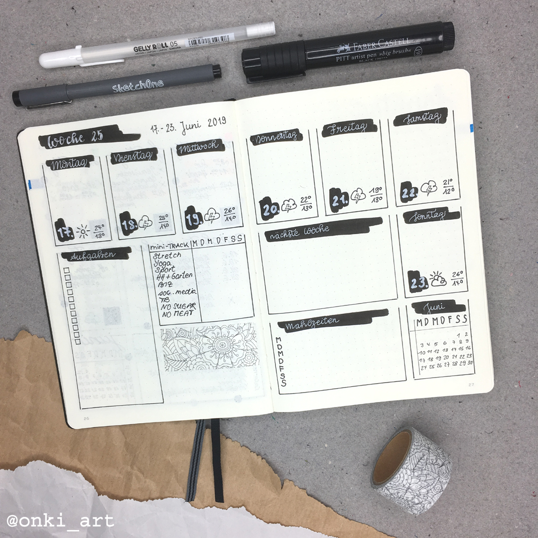 Wochenübersicht Bulletjournal weeklyspread 25 2019 schwarzweiss