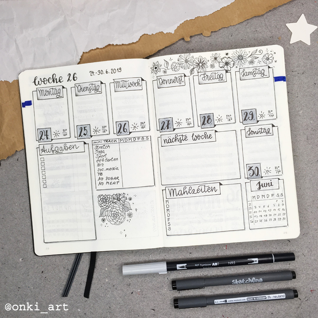 Wochenübersicht Bulletjournal weeklyspread 26 2019 schwarzweiss