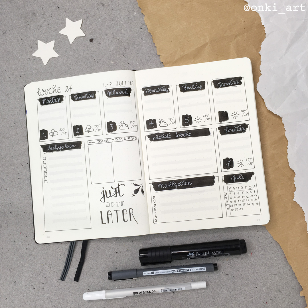 Wochenübersicht Bulletjournal weeklyspread 27 2019 schwarzweiss