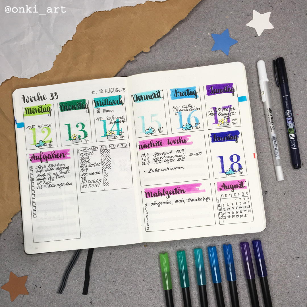 ochenübersicht Bulletjournal weeklyspread 33 2019 colorful